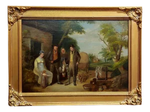 19th Century English School "Family Outside Their Farm" Oil Painting