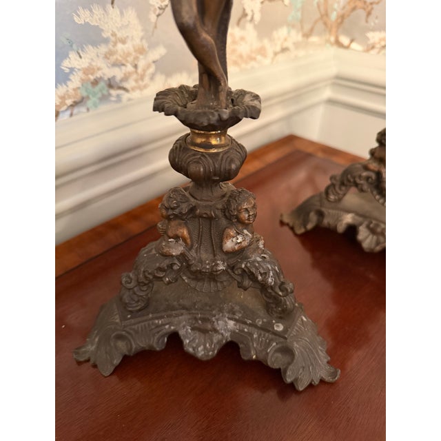 Pair of }Italian Renaissance-Revival Bronze Candlesticks For Sale - Image 10 of 15