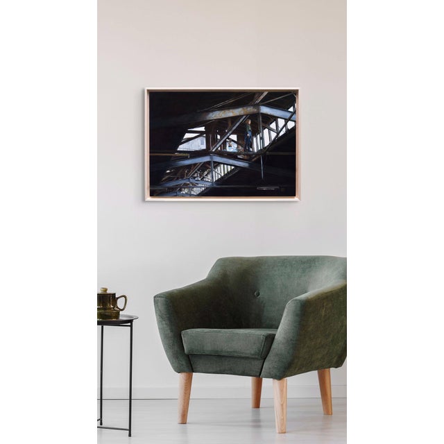 Early 21st Century Seeking Solace by Linda Delahaye | Oil on panel Woman standing in an industrial building interior. For Sale - Image 5 of 5