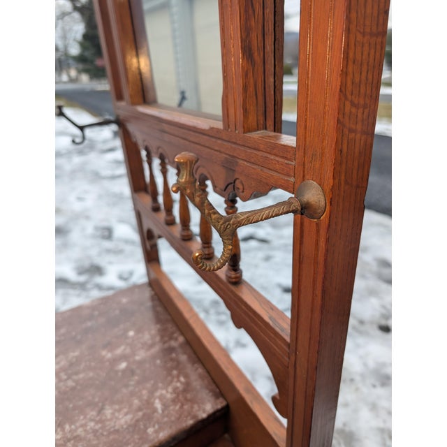 Brown 19th Century Victorian Hoffmeir Furniture Hall Tree With Marble Top & Umbrella Stand For Sale - Image 8 of 18