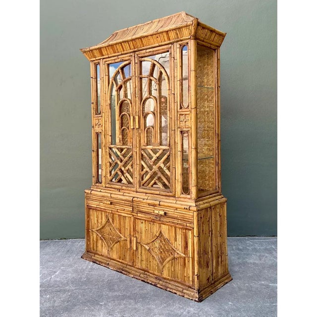 Wood Vintage Chinoiserie Pagoda Rattan China Cabinet For Sale - Image 7 of 12