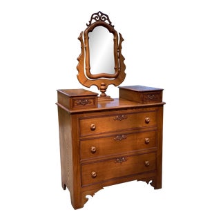 Antique Oak Dresser With Harp Mirror For Sale