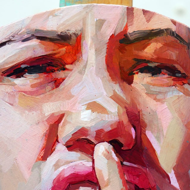 Captured Moment 4 by Ale Casanova | Oil on panel Portrait of a woman making a shushing gesture. For Sale - Image 4 of 4