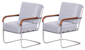 Set of Bauhaus Grey Tubular Armchairs Chrome-Plated Steel & New Upholstery attributed to Mücke Melder, Czech, 1930s
