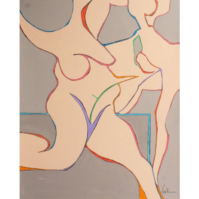 An abstract mixed media painting titled, Dancing Nudes, by the American artist Harry Hilson (1935-2004). This abstract...