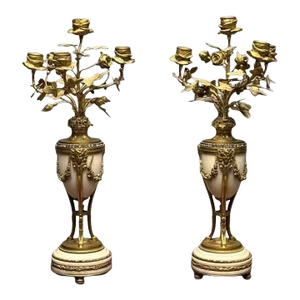 Pair of Louis XVI Style Bronze and Marble Four-Light Candelabra, Jeweled