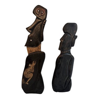 Set of 2 Rapa Nui Moai — Hand-Carved Wood Wall Sculptures (Chile) For Sale