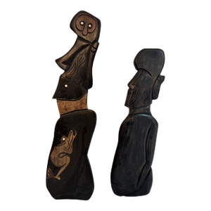 Set of 2 Rapa Nui Moai — Hand-Carved Wood Wall Sculptures (Chile)