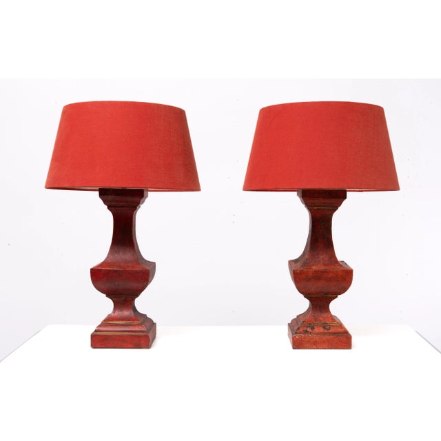 Paint French Red Gesso Timber Table Lamps with Red Shades, 1980s, Set of 2 For Sale - Image 7 of 7