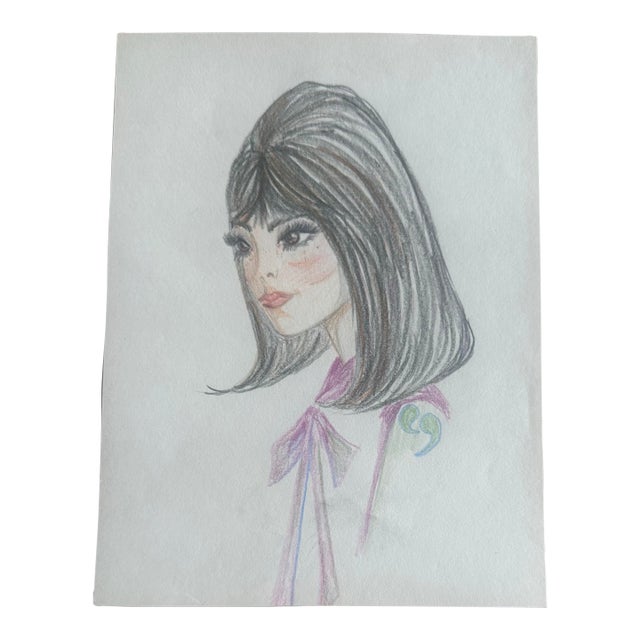 “Mod Portrait in Violet” Vintage Stylized Female Illustration For Sale