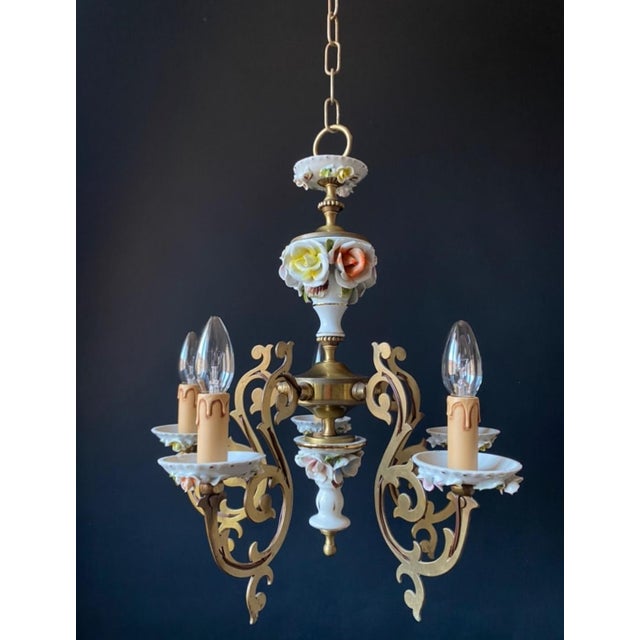 Antique Chandelier in Ceramic and Brass, 1960s For Sale - Image 9 of 11