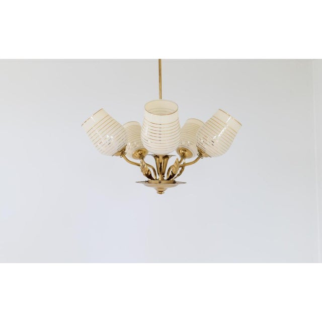 1950s Mid-Century Chandelier Lamp in Brass and Glass from Sario, Finland, 1950s For Sale - Image 5 of 18