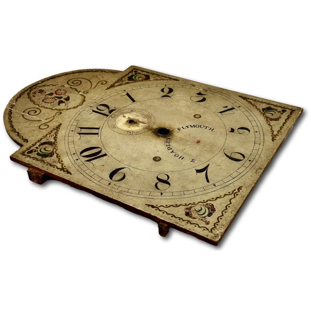 Antique American Hand Painted Wood Grandfather Clock Dial by Connecticut Maker Silas Hoadley - Circa Very Early 1800s For Sale - Image 15 of 18