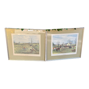 1950s Edward S Voss 'Full Cry' and 'The Meet' Fox Hunt Equestrian Drawings Signed - Set of 2