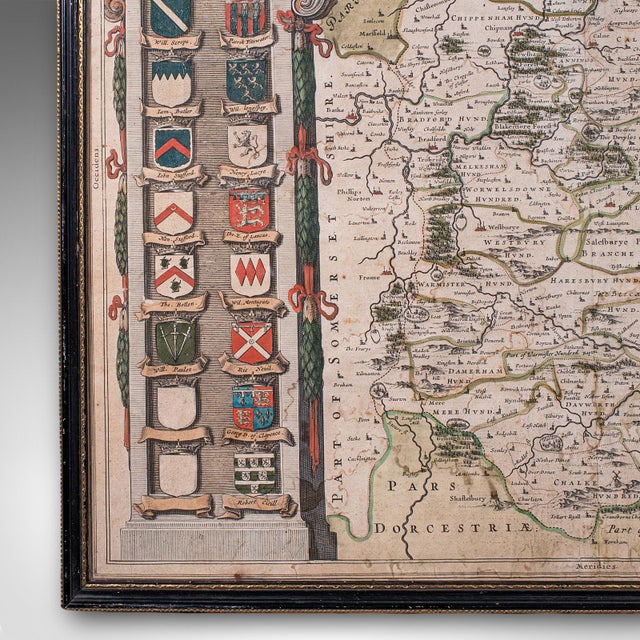 Glass Antique Wiltshire County Map, Dutch, Framed Cartography, Latin, Blaeu, c.1650 For Sale - Image 7 of 12