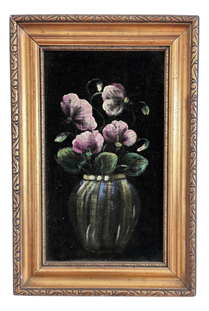 Pink Flower, 1960s, Oil Painting on Velvet, Framed