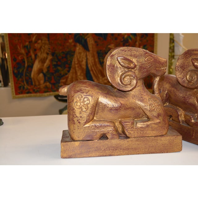Pair Carved Wood Seated Rams Gold / Burgundy Wash For Sale - Image 6 of 14