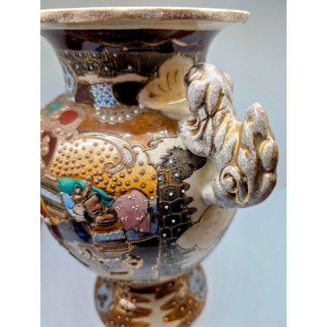 Antique Japanese Satsuma Moriage Vase With Samurai Scene & Figural Handles – 14” For Sale - Image 18 of 18