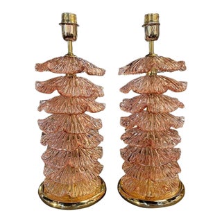 Modern Pink Murano Glass Layered Ruffle Lamps - A Pair For Sale