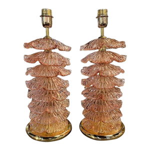 Modern Pink Murano Glass Layered Ruffle Lamps - A Pair