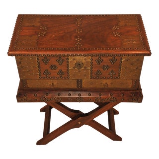 Moorish Brass and Hardwood Decorative Box on Folding Brass Studded Stand, 1890s For Sale