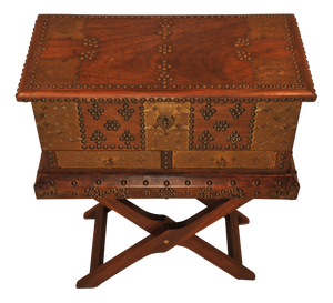 Moorish Brass and Hardwood Decorative Box on Folding Brass Studded Stand, 1890s