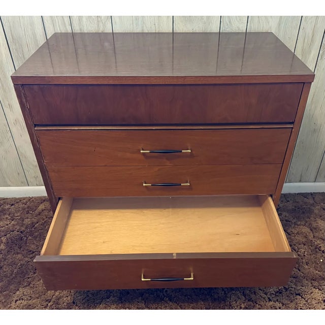 Vintage Mid-Century Modern Walnut 3-Drawer Lowboy Dresser With Brass-Capped Legs and Stylish Black-Gold Handles For Sale - Image 11 of 16