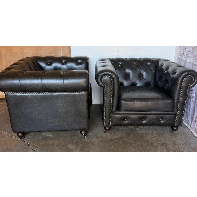 Pair of English CHesterfield Club Chairs- Tufted Armchairs For Sale - Image 10 of 18