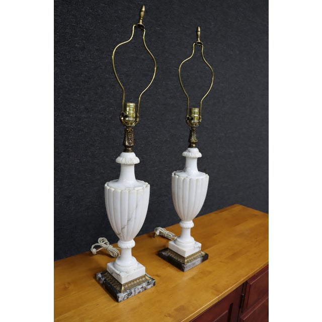 Pair of Italian Carved Marble Table Lamps With Brass Accents For Sale - Image 4 of 8