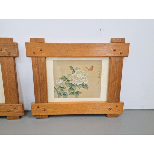Chinese Hand-Painted Silk Artworks in Oak Frames, 1950s, Set of 2 For Sale - Image 4 of 9