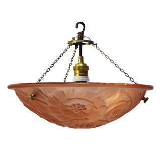 Art Nouveau French Brass and Pink Pressed Glass Pendant Light, 1920s For Sale