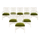 McGuire Furniture White “Script” Dining Chairs by Barbara Barry, Set of 8, Upholstered in Green Schumacher Performance Velvet For Sale
