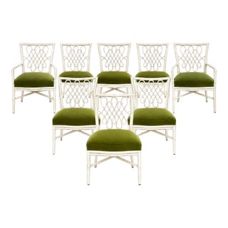 McGuire Furniture White “Script” Dining Chairs by Barbara Barry, Set of 8, Upholstered in Green Schumacher Performance Velvet For Sale