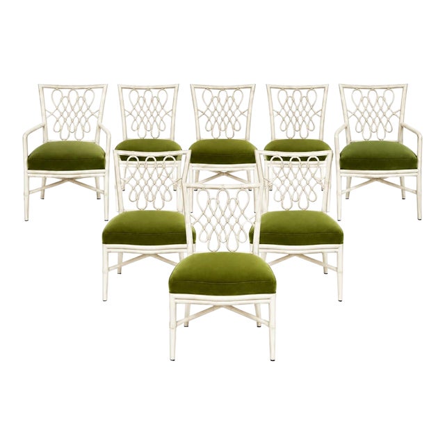 McGuire Furniture White “Script” Dining Chairs by Barbara Barry, Set of 8, Upholstered in Green Schumacher Performance Velvet For Sale