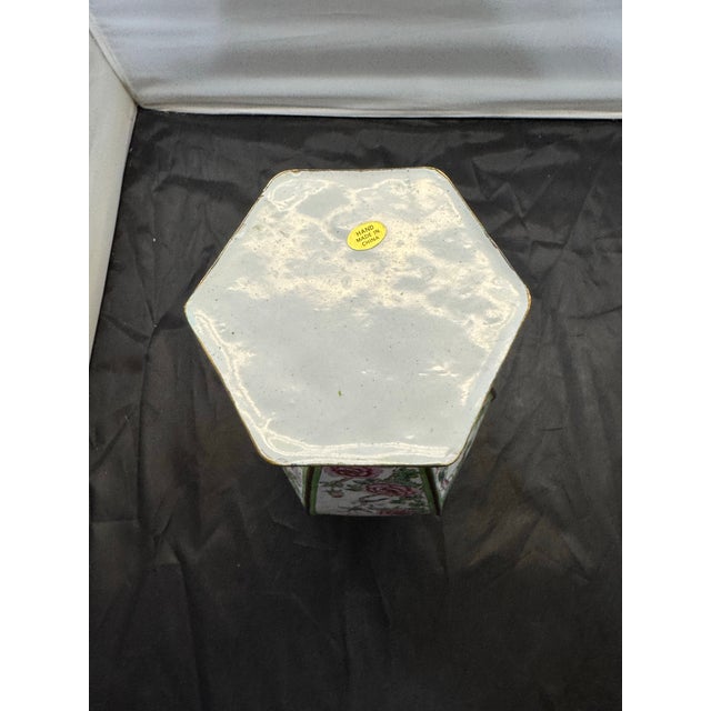 Mid 20th Century Antique Chinese Canton Enamel 17” Hexagonal Vase: Court Ladies & Wisteria For Sale - Image 5 of 9