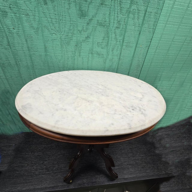 Traditional Wooden Marble Top Side Table With Casters For Sale - Image 9 of 10
