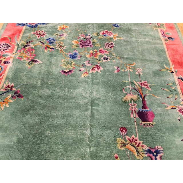 Vintage Chinese Art Deco Hand-Knotted Wool Rug, Floral Design, 1920s, 9' x 12' For Sale - Image 12 of 15