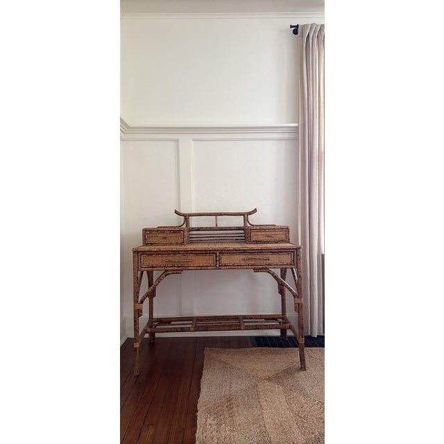 1980s Vintage British Colonial Style Faux Burnt Bamboo and Grasscloth Pagoda Desk For Sale - Image 5 of 5
