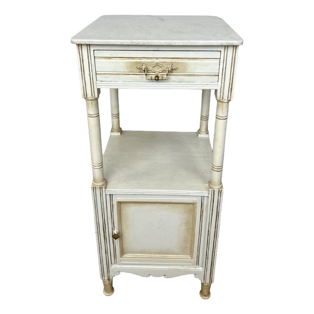 Antique French Oak Bedside Table with Marble Top For Sale