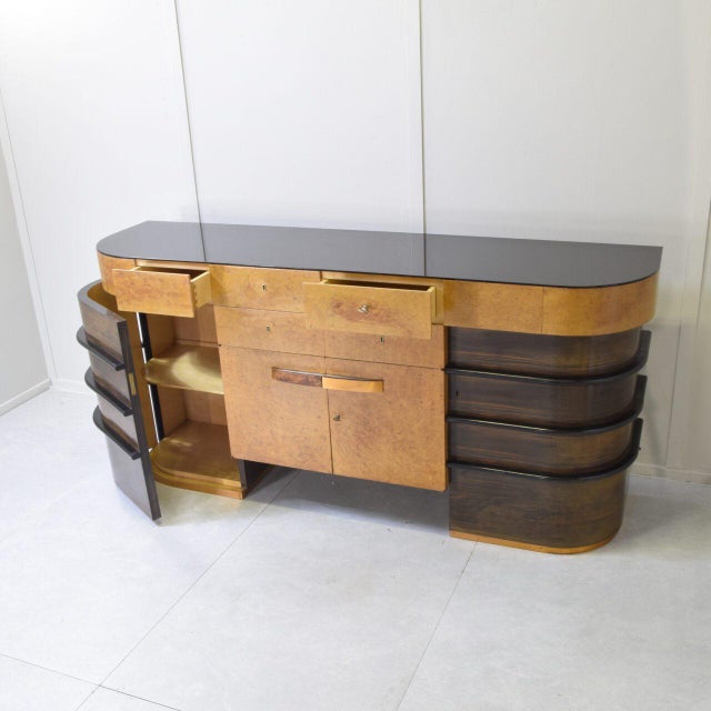 Walnut Root Wood with Colored Glass Top Cabinet, 1940s For Sale - Image 6 of 11