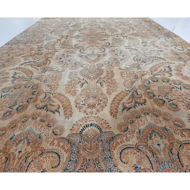 Antique Botanic Persian Kirman Beige, Brown, Blue Handmade Wool Rug For Sale In New York - Image 6 of 9