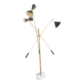 Italian Mid Century Style Brass Floor Lamp With Black Shades Three Arms For Sale