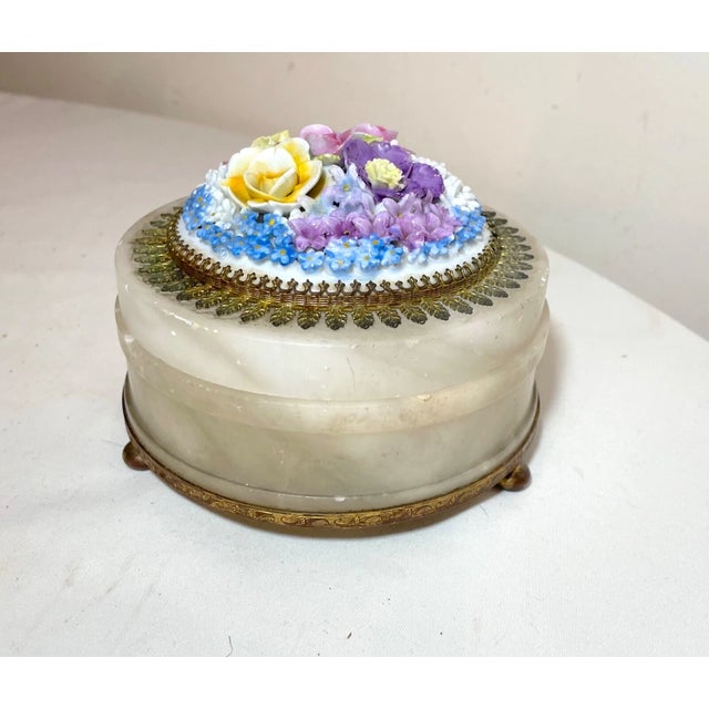 Metal Handmade Antique Ornate Alabaster Porcelain Ormolu Bronze Dresser Box Jar Brass For Sale - Image 7 of 9