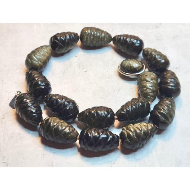Contemporary Natural Carved Golden Obsidian Beaded Necklace With Golden Obsidian Clasp, 17.5" For Sale - Image 3 of 10