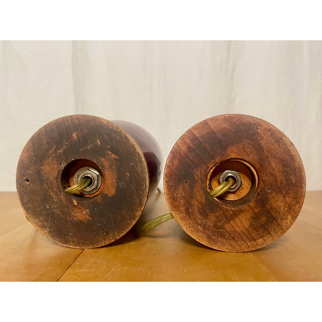 Wood Pair of Antique Chinese Sang De Boeuf Oxblood Porcelain Vase Table Lamps — Late 19th/Early 20th Century For Sale - Image 7 of 9