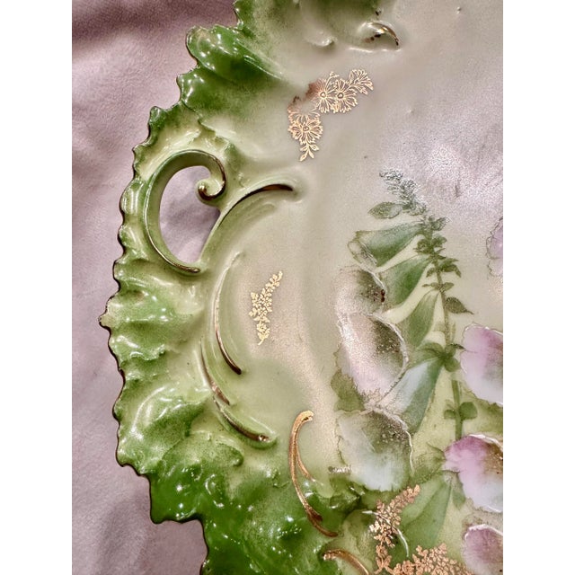 Shabby Chic Antique Hand Painted German Porcelain Large Cabinet Plate Floral Reticulated Handles For Sale - Image 3 of 12