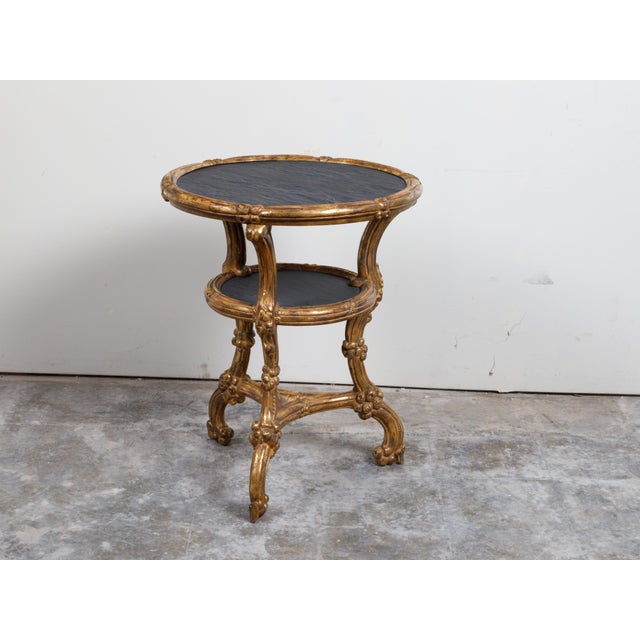 Italian Italian Carved Giltwood Side Table with Slate Top, Shelf and Floral Motifs For Sale - Image 3 of 12