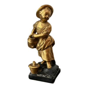 Vintage Borghese-Style Chalkware Girl With Buckets – Antique Farm Girl Figurine, Gold Gilt Finish, Early 20th Century Decor