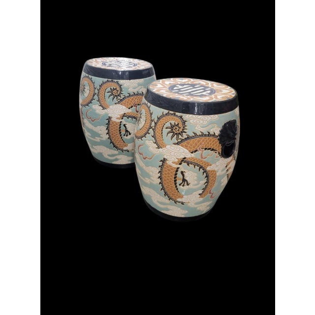 Vintage Chinoiserie Dragon Cloud Foodog Ceramic Garden Stools- A Pair For Sale In West Palm - Image 6 of 7
