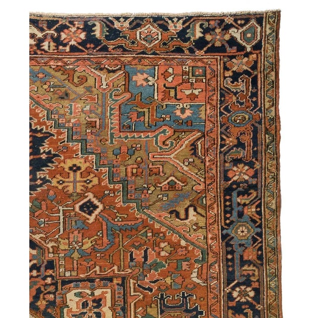 1920s Brown Rust Navy Blue Geometric Persian Heriz Rug For Sale - Image 4 of 5